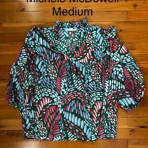 Michelle McDowell Green Abstract Ruffle-Trim Blouse